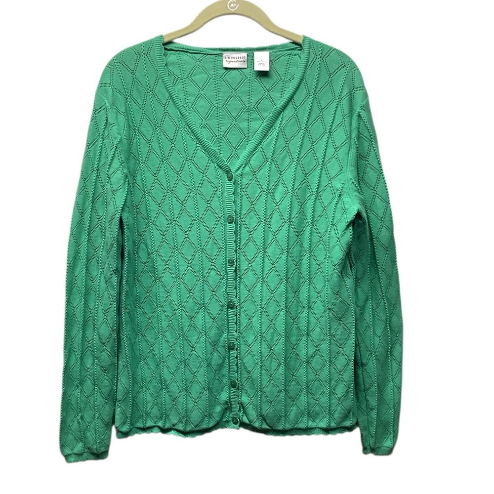 Kim Rogers 100% cotton Kelly green pointelle knit cardigan size Large
